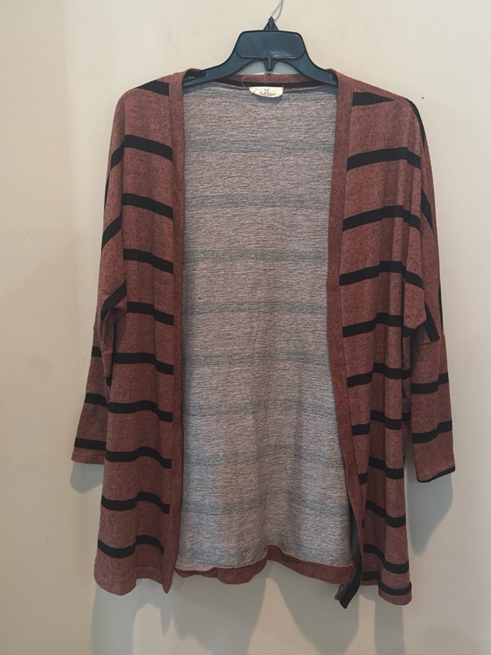 Striped Open-Front Rust and Black Women's Cardigan